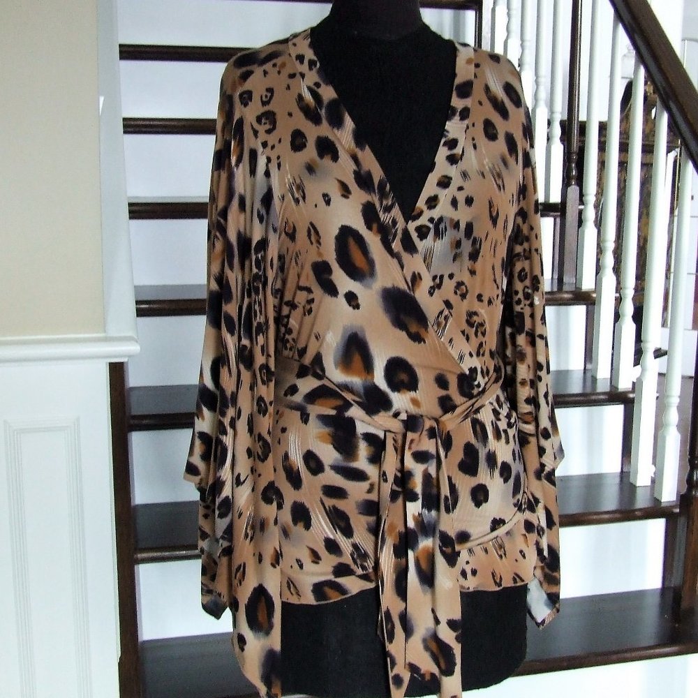 Animal Print Stretchy Blouse Belted Wrap Top M